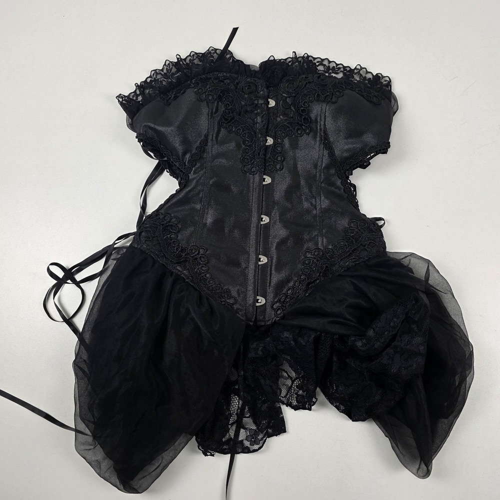 Charmian Corset Womens XL Black Satin Gothic Overbust Lace Ruffle Bustle Top